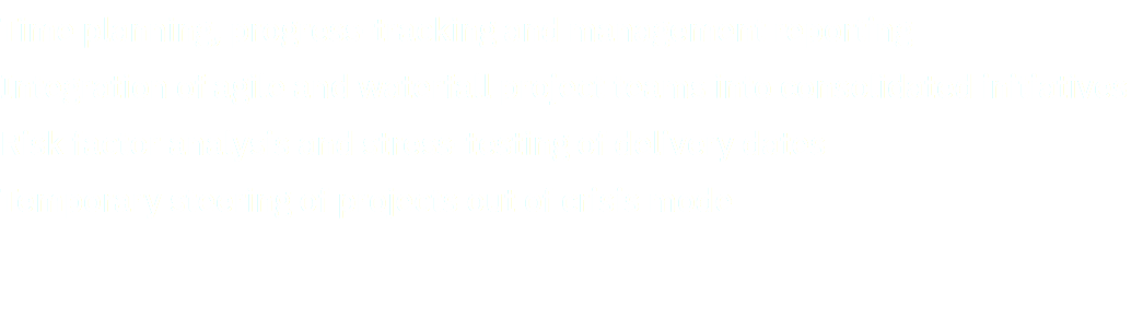 Time planning, progress-tracking and management reporting Integration of agile and waterfall project teams into consolidated initiatives Risk factor analysis and stress-testing of delivery dates Temporary steering of projects out of crisis mode